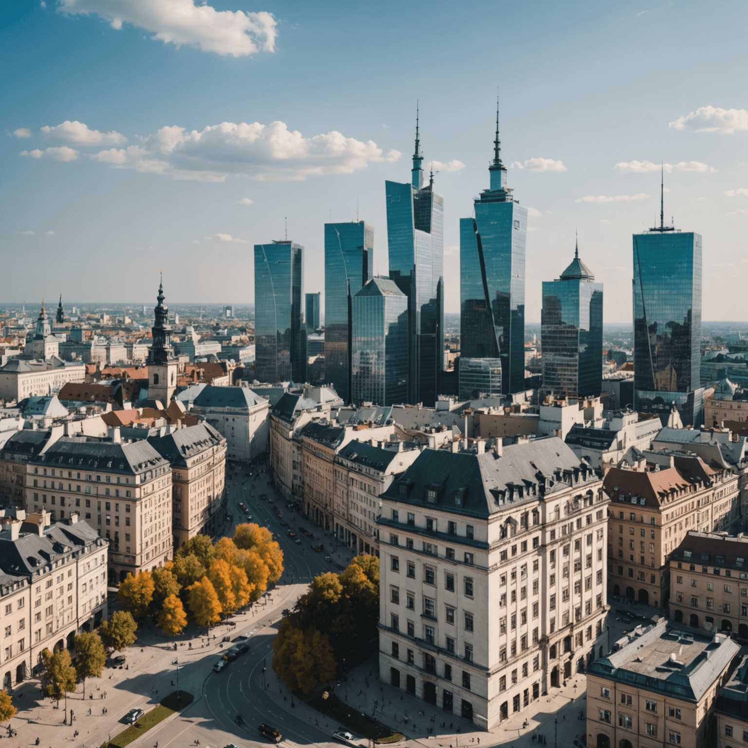 Panoramic view of Warsaw skyline with modern skyscrapers and historic buildings, showcasing the city's blend of old and new architecture