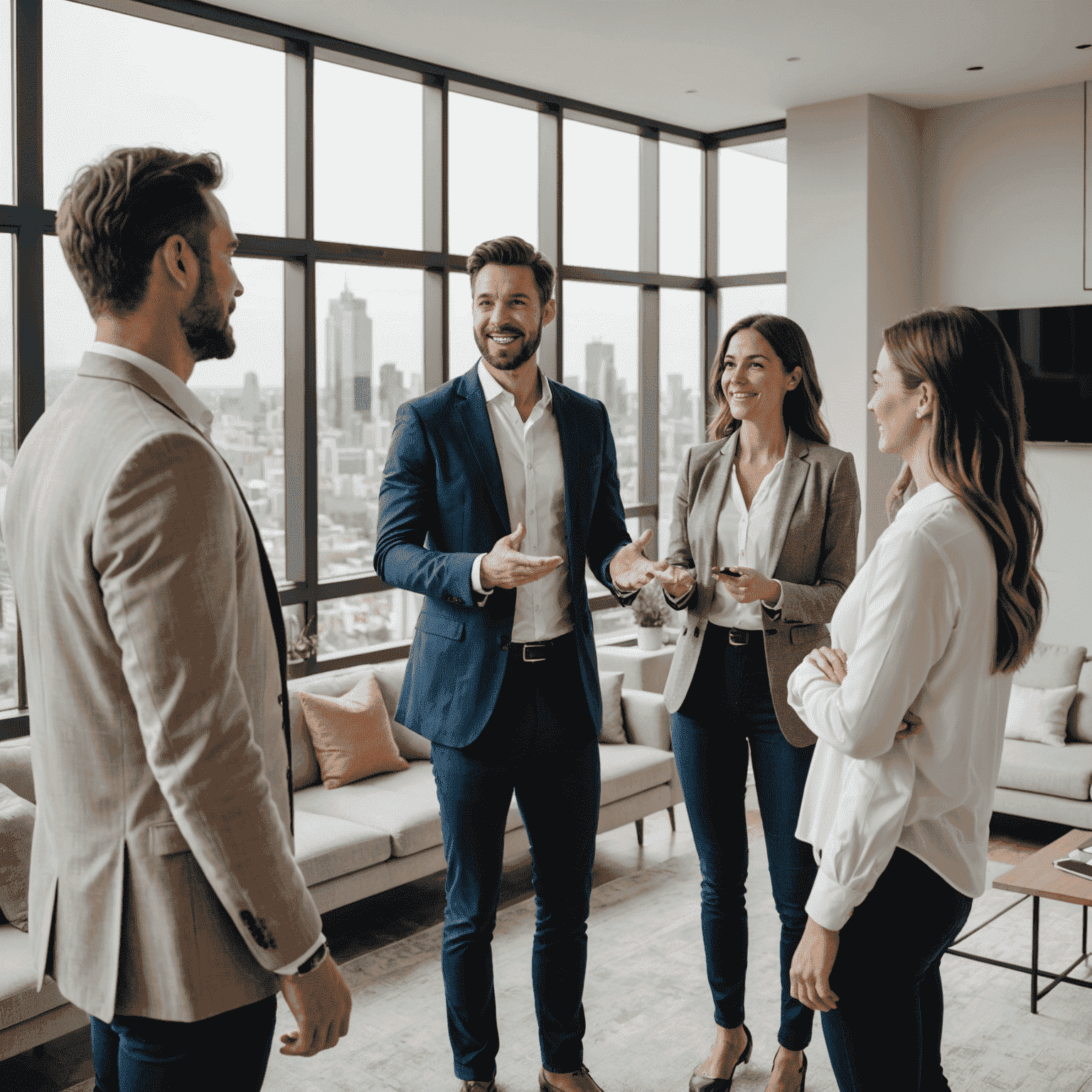 Professional realtor showing a modern apartment to a young couple. The apartment features large windows with city views, sleek furnishings, and the realtor is gesturing towards the living area while the couple looks impressed.