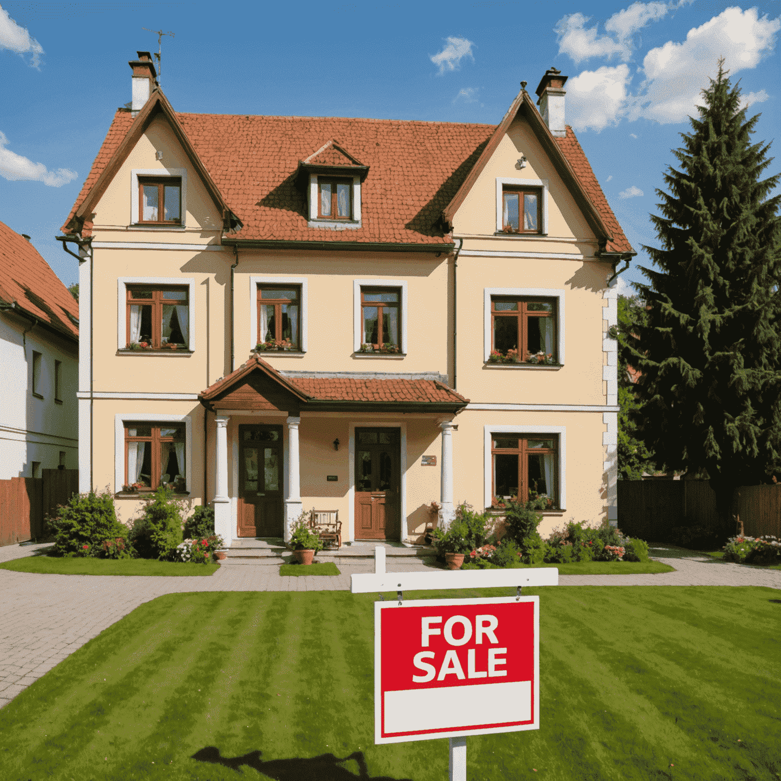 A 'For Sale' sign in front of a beautiful Polish house, illustrating property selling services