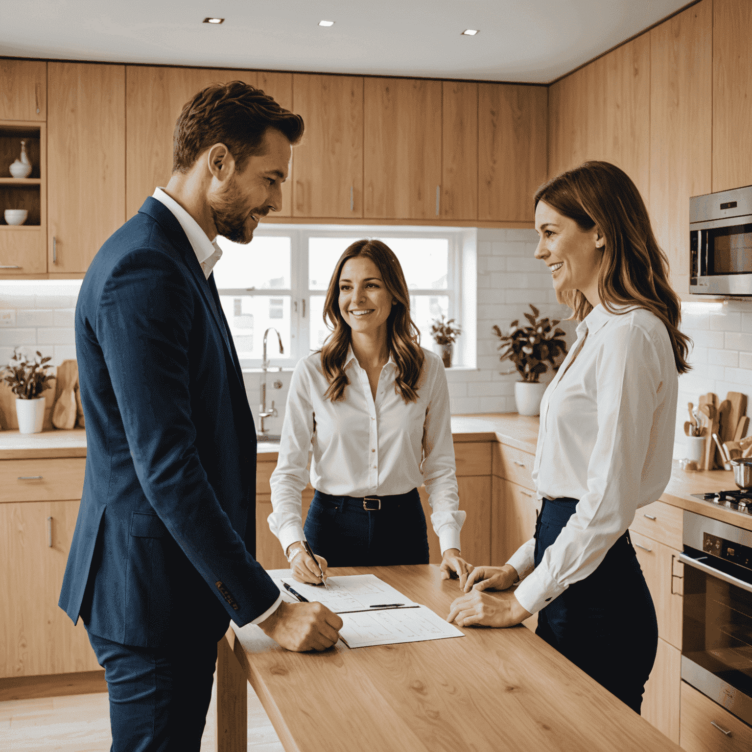 A real estate agent showing a modern kitchen to a young couple interested in buying a flat