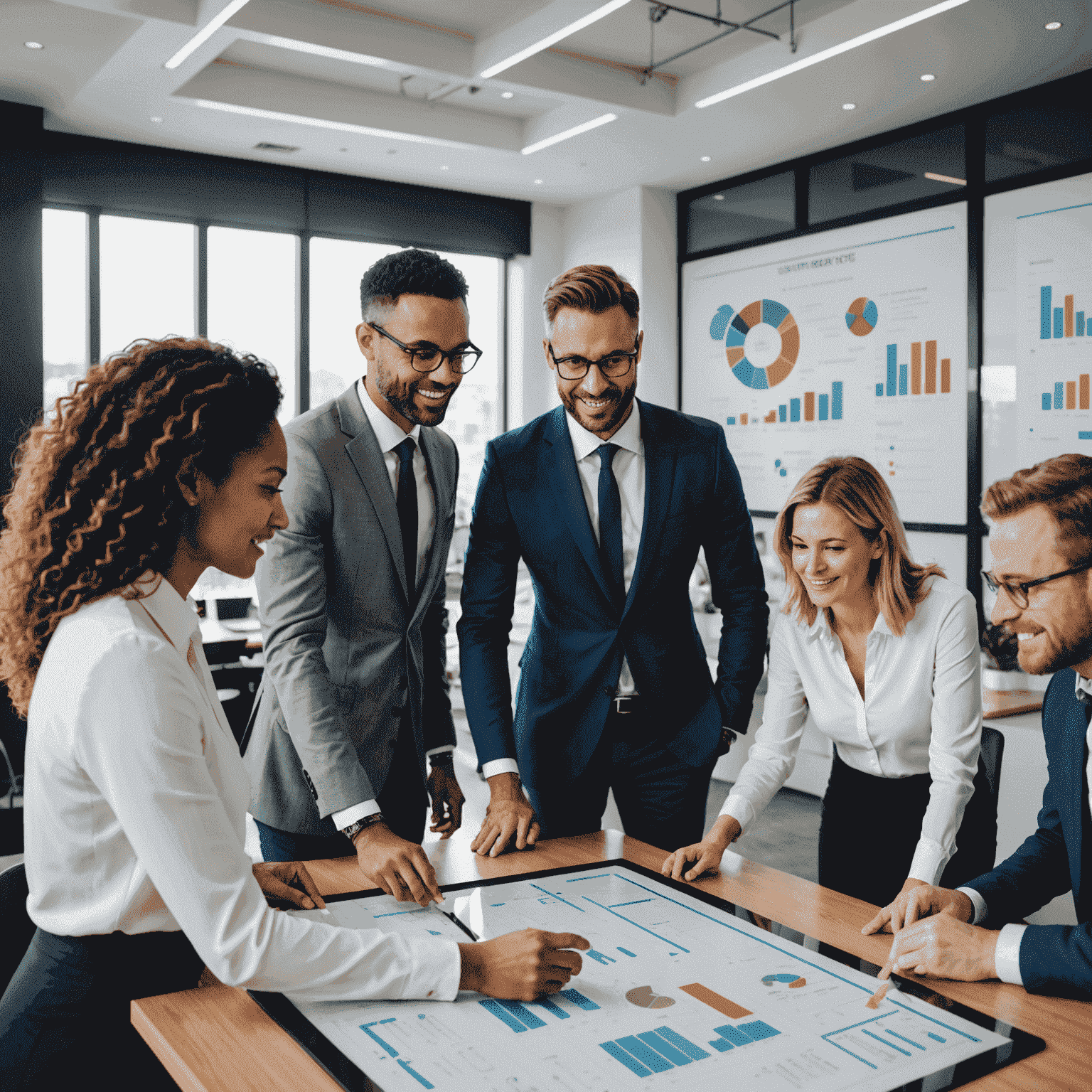 A diverse team of professional realtors in a modern office setting, discussing property details over a large touchscreen display showing floor plans and market data. The team appears engaged and collaborative.