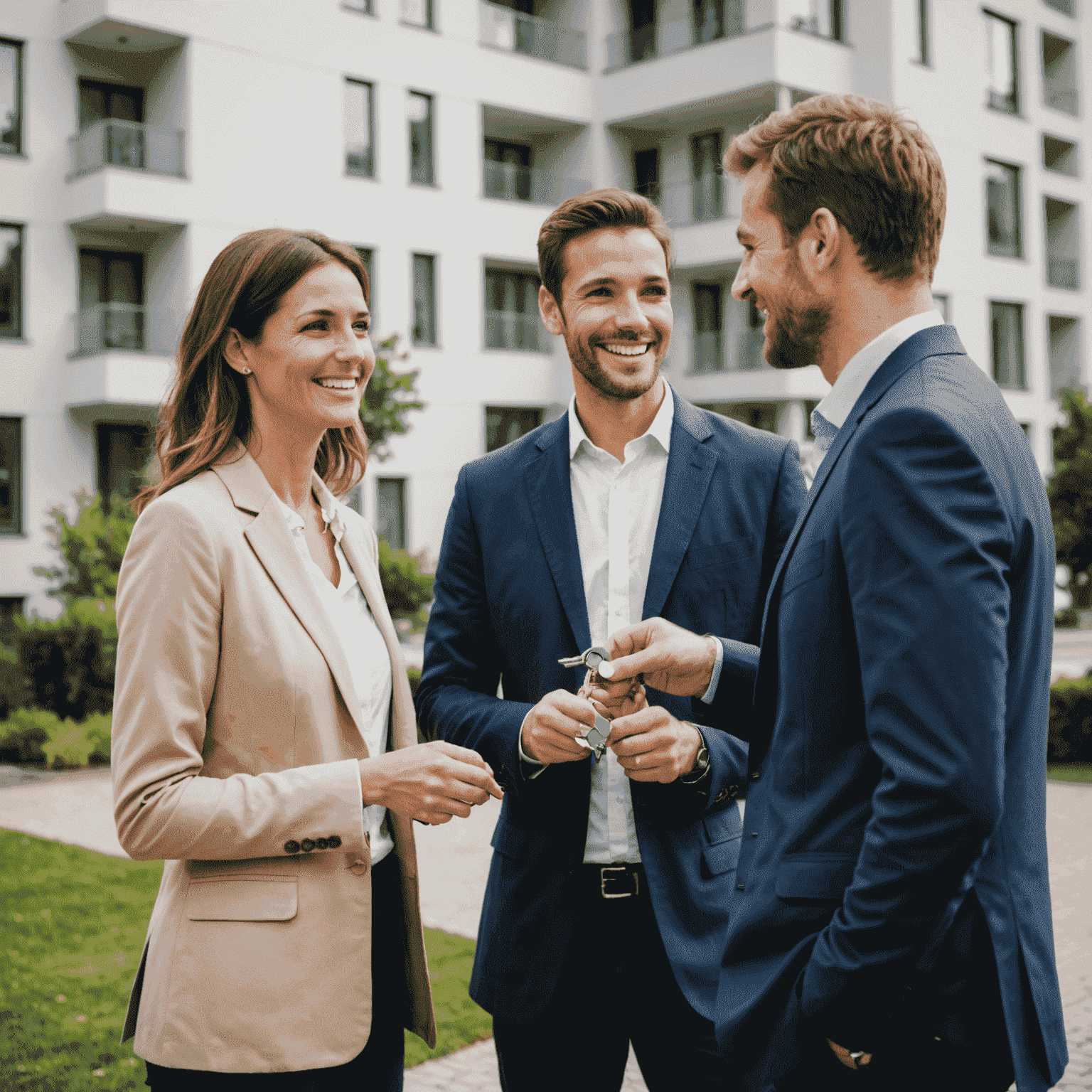 A professional real estate agent handing keys to a smiling couple in front of a modern apartment building, symbolizing successful rental assistance.