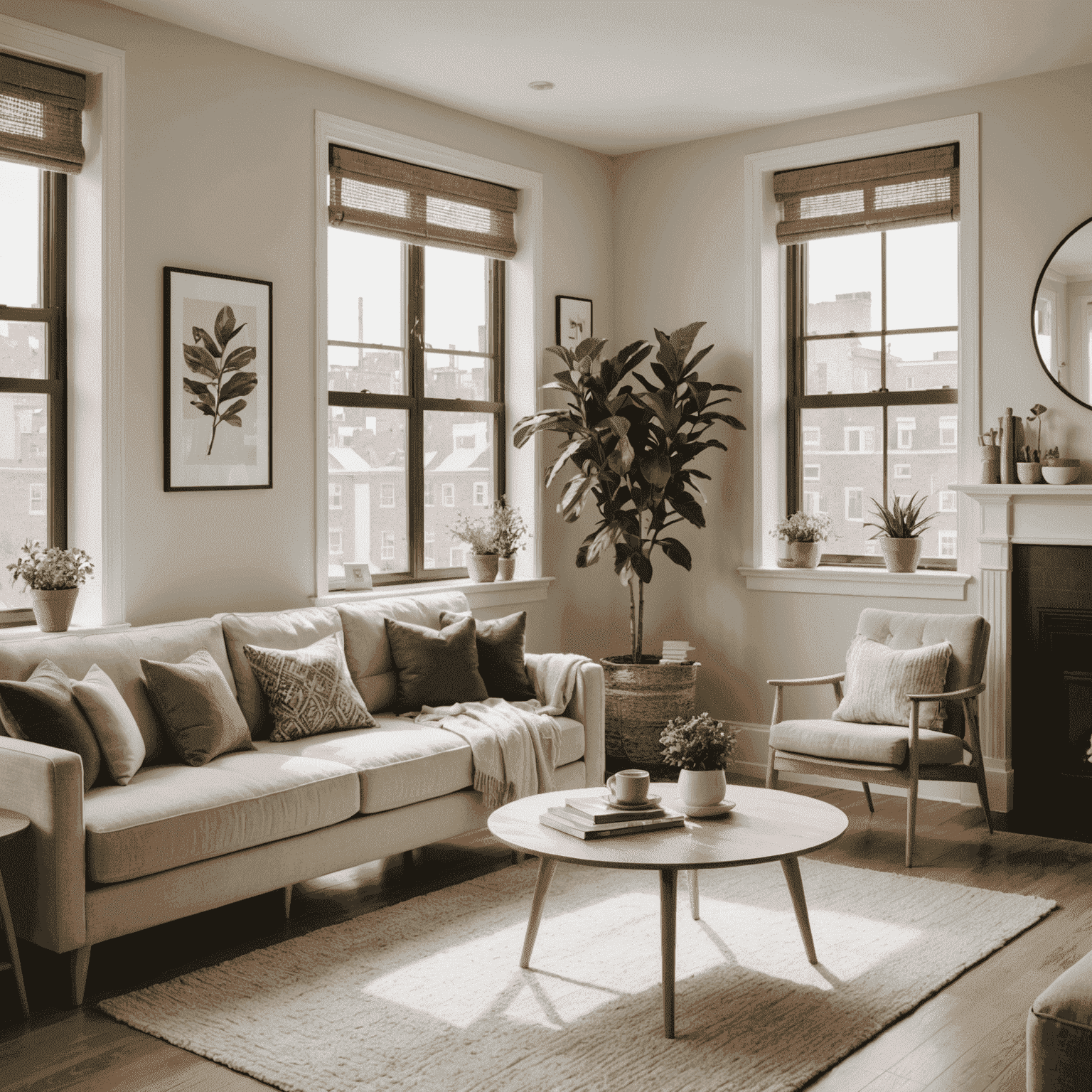 A cozy living room in a rental apartment, showcasing rental property services